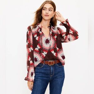 NWT LOFT Garden Smocked Ruffle Tie Neck Blouse Windsor Wine Ruffle Sheer Flowy